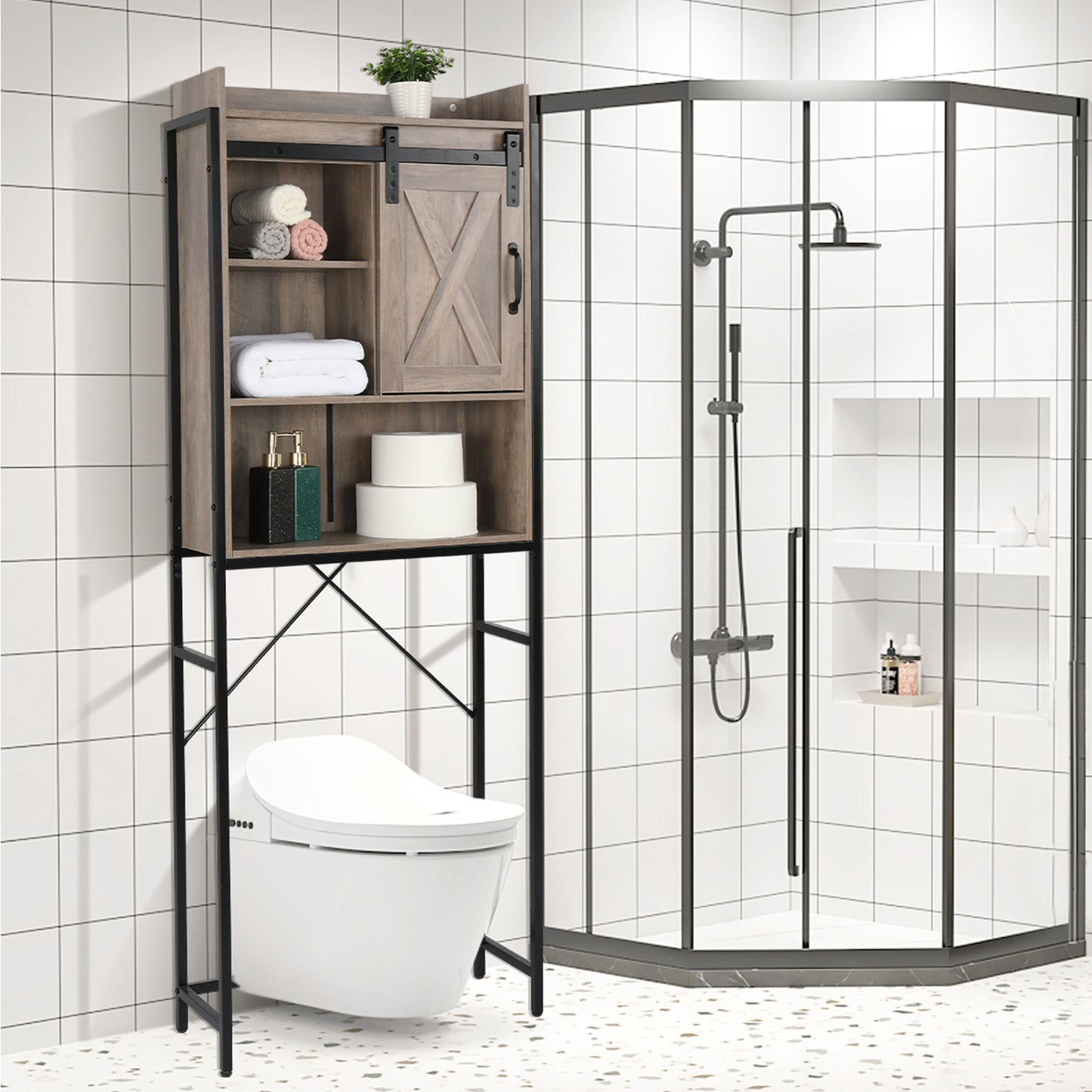 Retro Style MDF With Triamine Iron Frame Sliding Door Three-Layer Rack Bathroom Cabinet