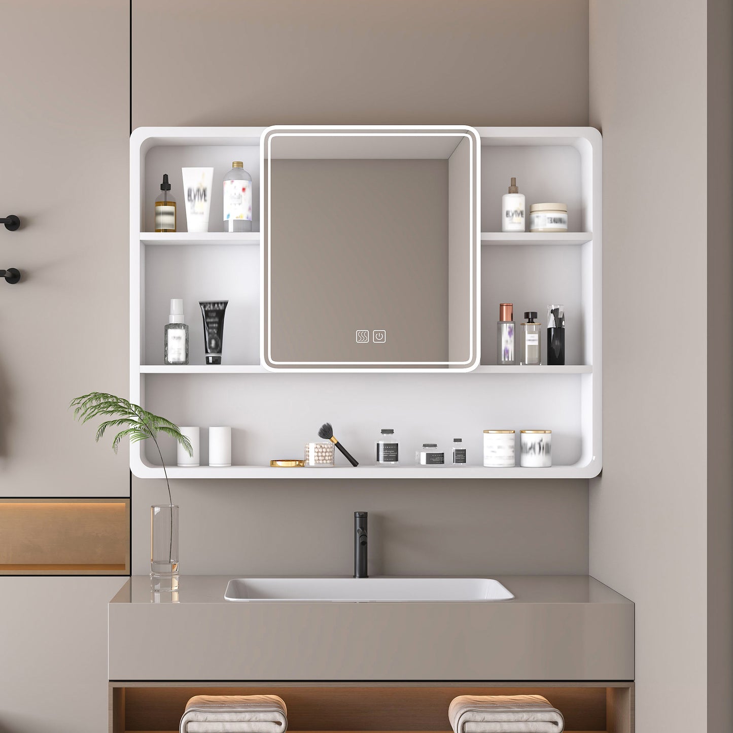 Aluminium Medicine Cabinet Mirror, 35 x 28 Inches Medicine Cabinet with 3 Colors LED Light and Defogging Function, Bathroom Mirror Cabinet with Cosmetic Storage Rack and Hair Dryer Holder, White