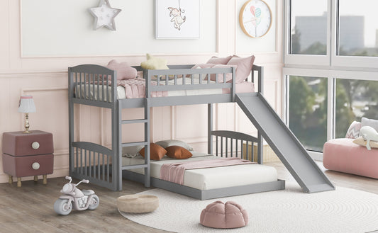 Twin Over Twin Bunk Bed with Slide and Ladder, Gray