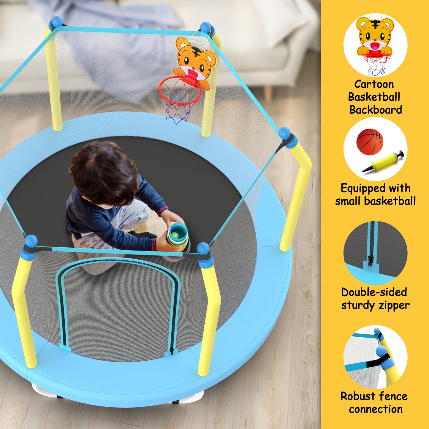 55-inch Trampoline for Kids Indoor & Outdoor Small Toddler Trampoline with Basketball Hoop