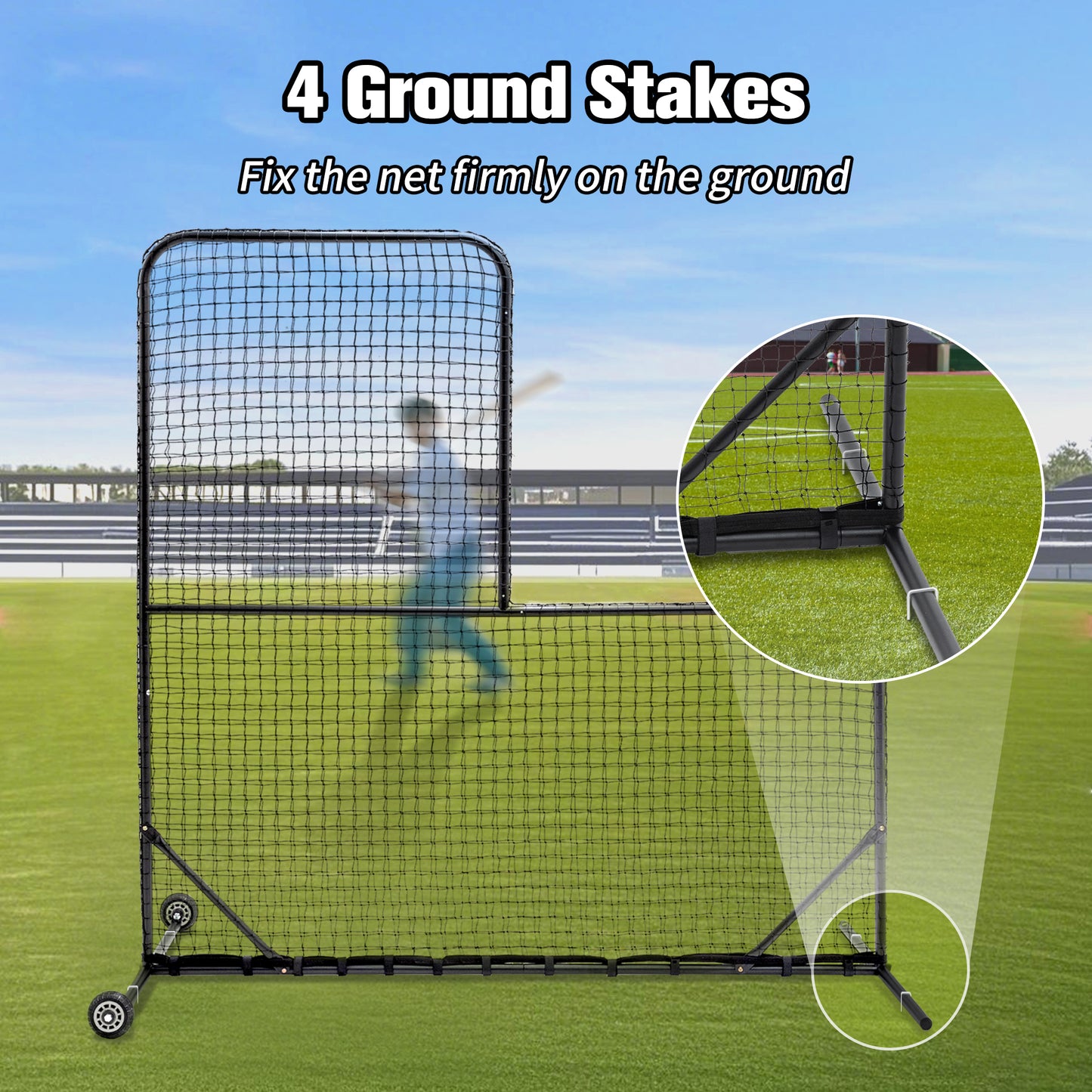L-Shaped Baseball Net for Batting Cages, Baseball Pitching Net with Wheels - 84''H x 84''W, with 42'' x 42'' Cutouts,include Carry Bag