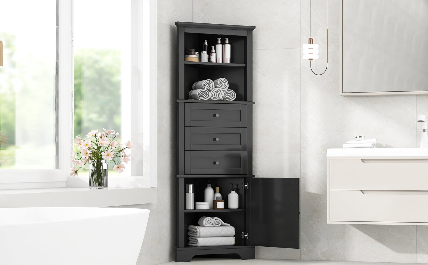 Black Triangle Tall Cabinet with 3 Drawers and Adjustable Shelves for Bathroom, Kitchen or Living Room, MDF Board with Painted Finish (WF306469AAG New Color)