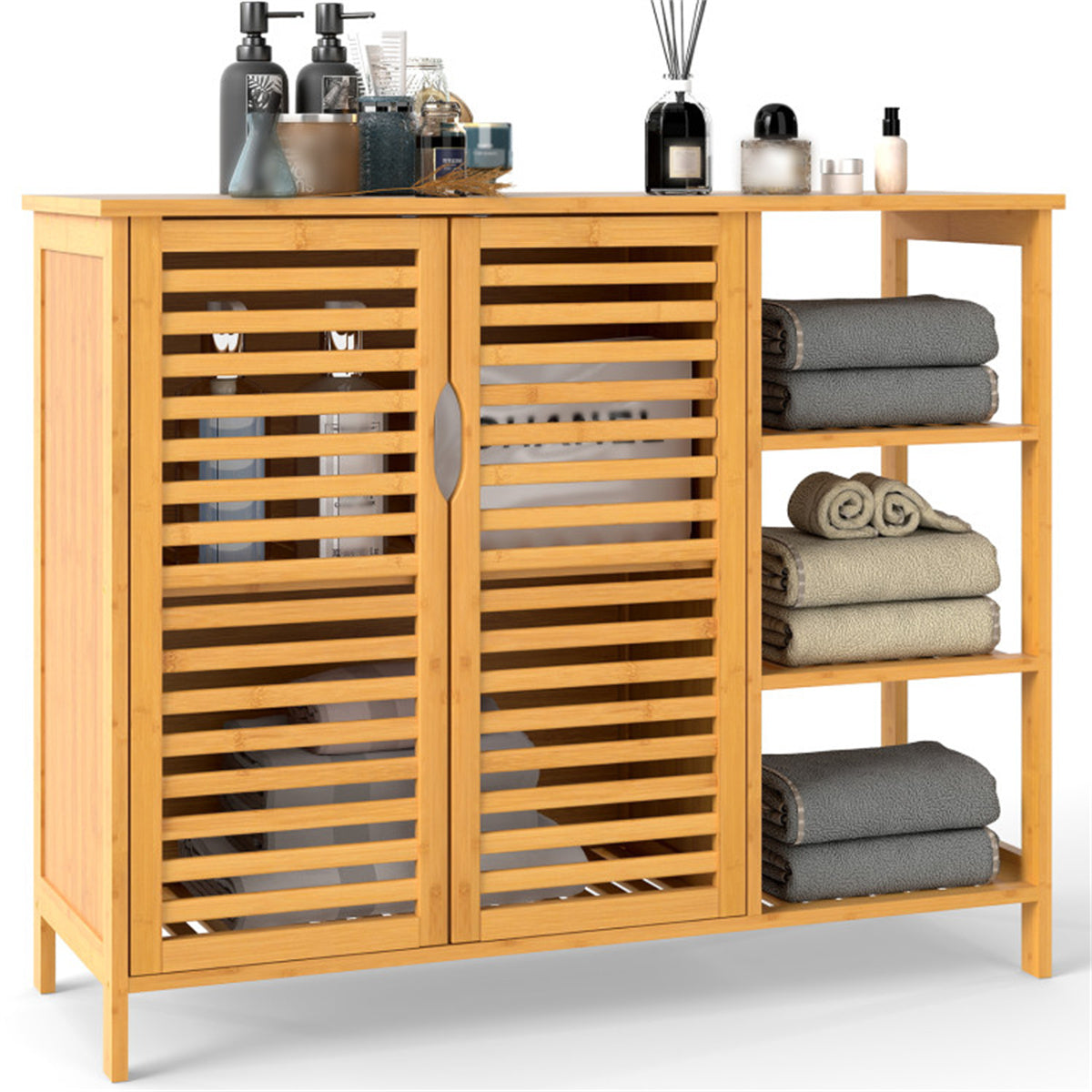 39.5"x14"x31.5" Bamboo Bathroom Cabinet (Natural) - Enclosed Cabinet + Open Shelves, Ample Storage for Toiletries/Towels