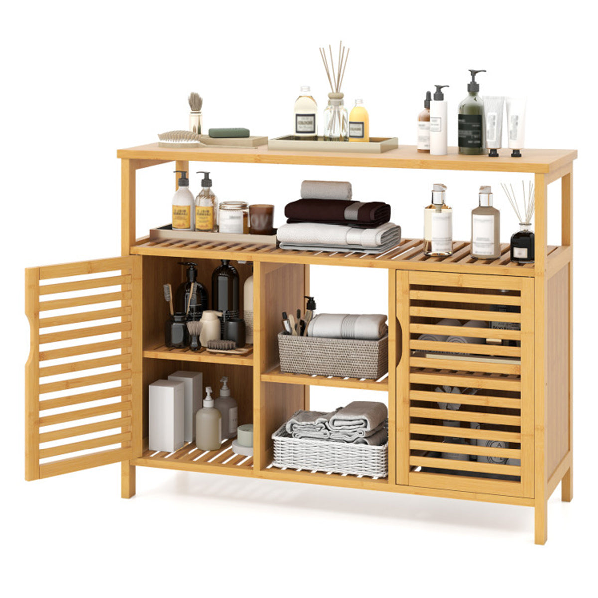 Bamboo Bathroom Cabinet with 2 Enclosed Spaces - 39"x13.5"x8" Open Shelf, 9" Inner Cabinet Shelf Spacing, Natural Aesthetic