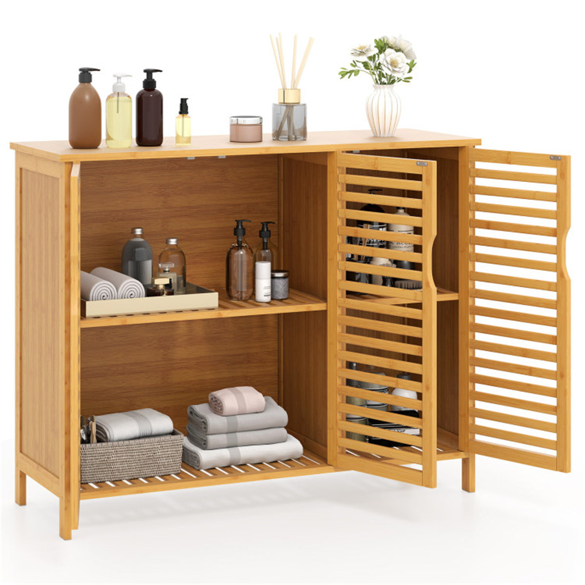 39.5"x14"x31.5" Natural Bamboo Bathroom Cabinet - 3-Door Design + Multiple Shelves, Ample Storage for Towels/Toiletries