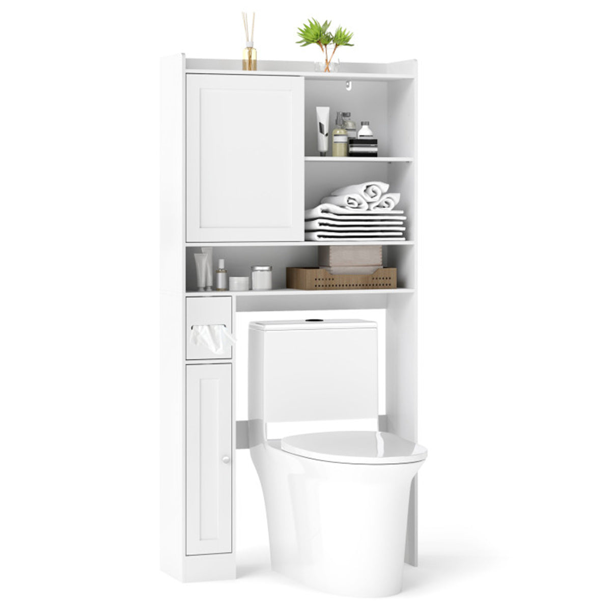 Over-The-Toilet Storage Cabinet (White) - 1 Top Shelf + 2 Enclosed Cabinets + Toilet Paper Holder, 32.5"x10"x67.5" Size