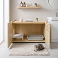 Litter Box Enclosure with Double Doors and Interior Grated Entry Platform, Hidden Cat Washroom Furniture, Beige Brown