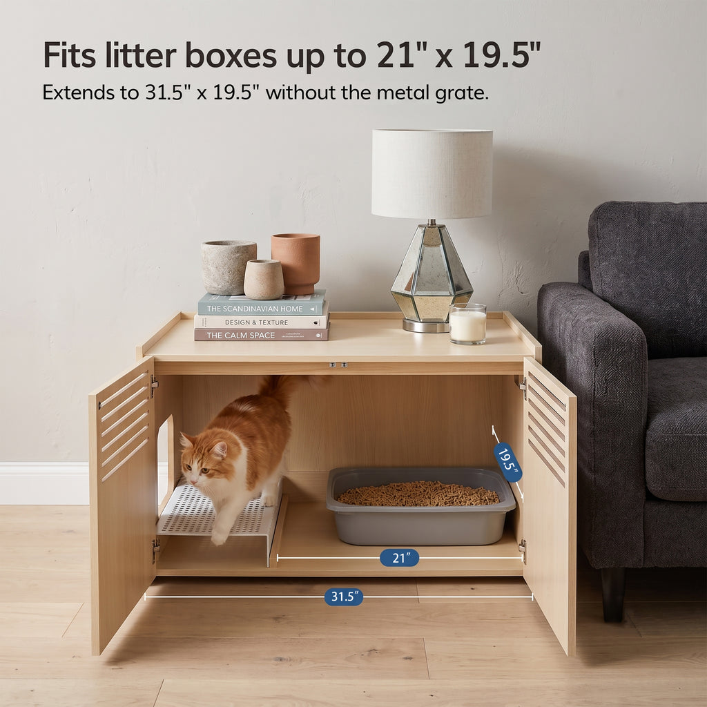 Litter Box Enclosure with Double Doors and Interior Grated Entry Platform, Hidden Cat Washroom Furniture, Beige Brown