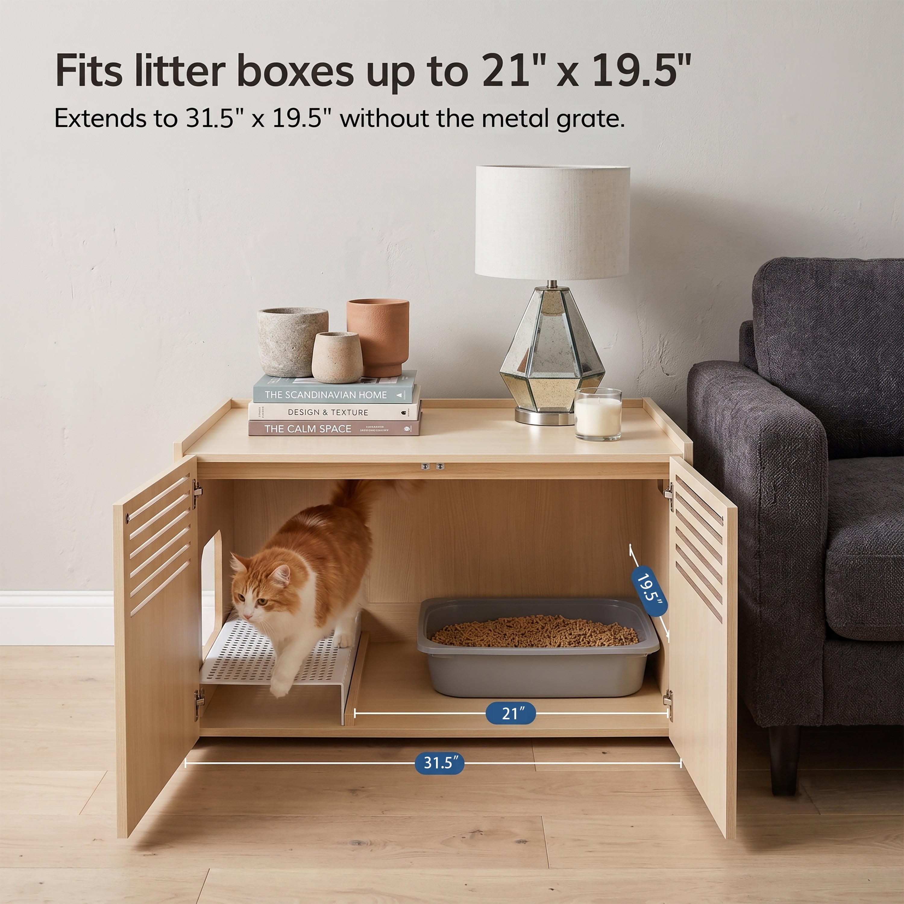 Litter Box Enclosure with Double Doors and Interior Grated Entry Platform, Hidden Cat Washroom Furniture, Beige Brown