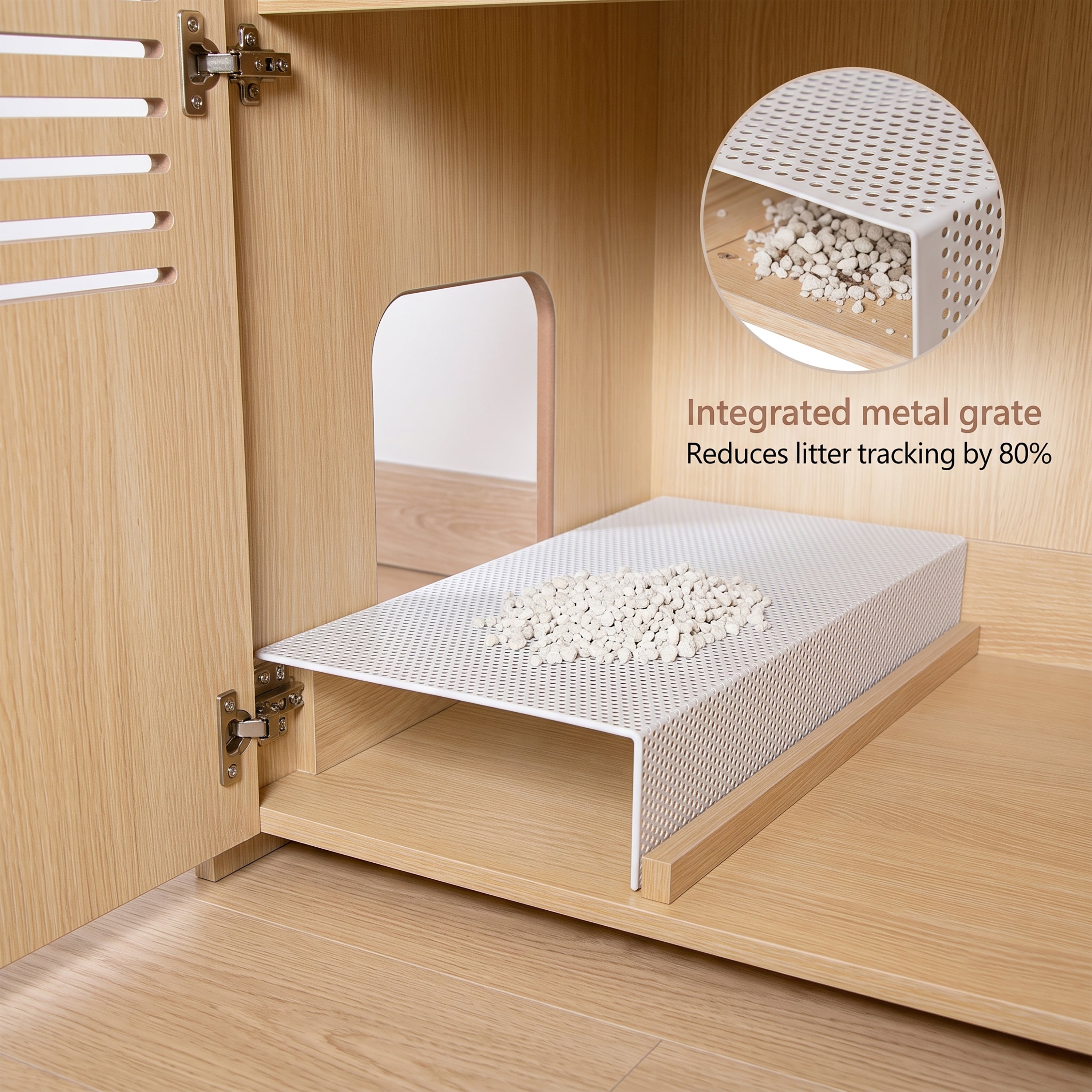 Litter Box Enclosure with Double Doors and Interior Grated Entry Platform, Hidden Cat Washroom Furniture, Beige Brown