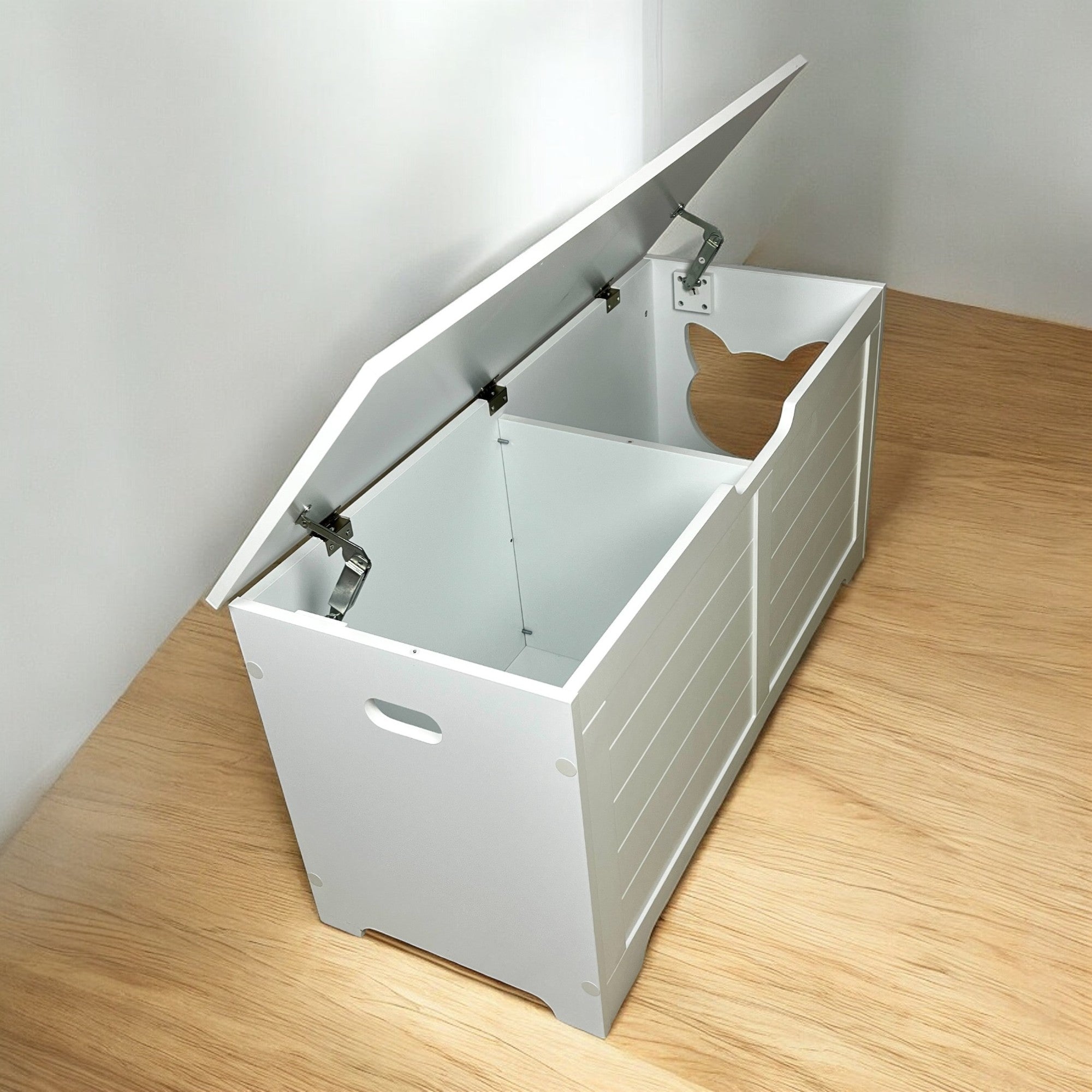 Litter Box Enclosure with Lift-Top Access and Interior Divider, Cat Washroom Furniture, Cream White