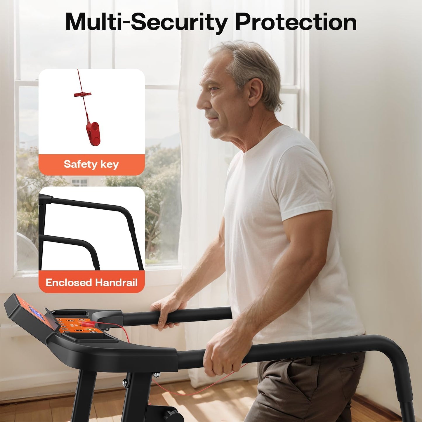 Walking Treadmill for Senior with Long Handrail, 300 lbs Capacity, 3 HP Quiet Motor, Recovery Fitness Exercise Machine Foldable Elderly Treadmills for Home with LCD Display, Holder for Phone & Cup