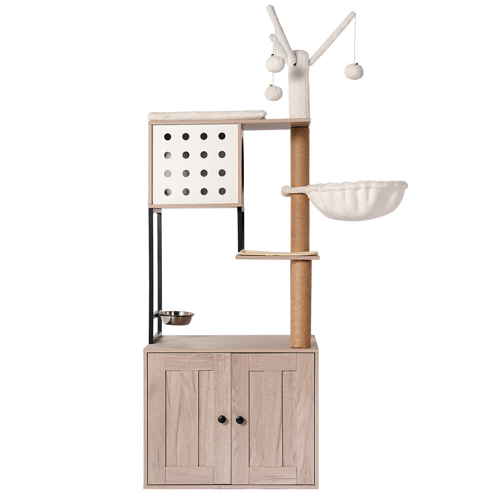 Cat Tree with Litter Box Enclosure, Multi-Level Cat Furniture with Condo, Hammock and Sisal Scratching Posts, Natural / White