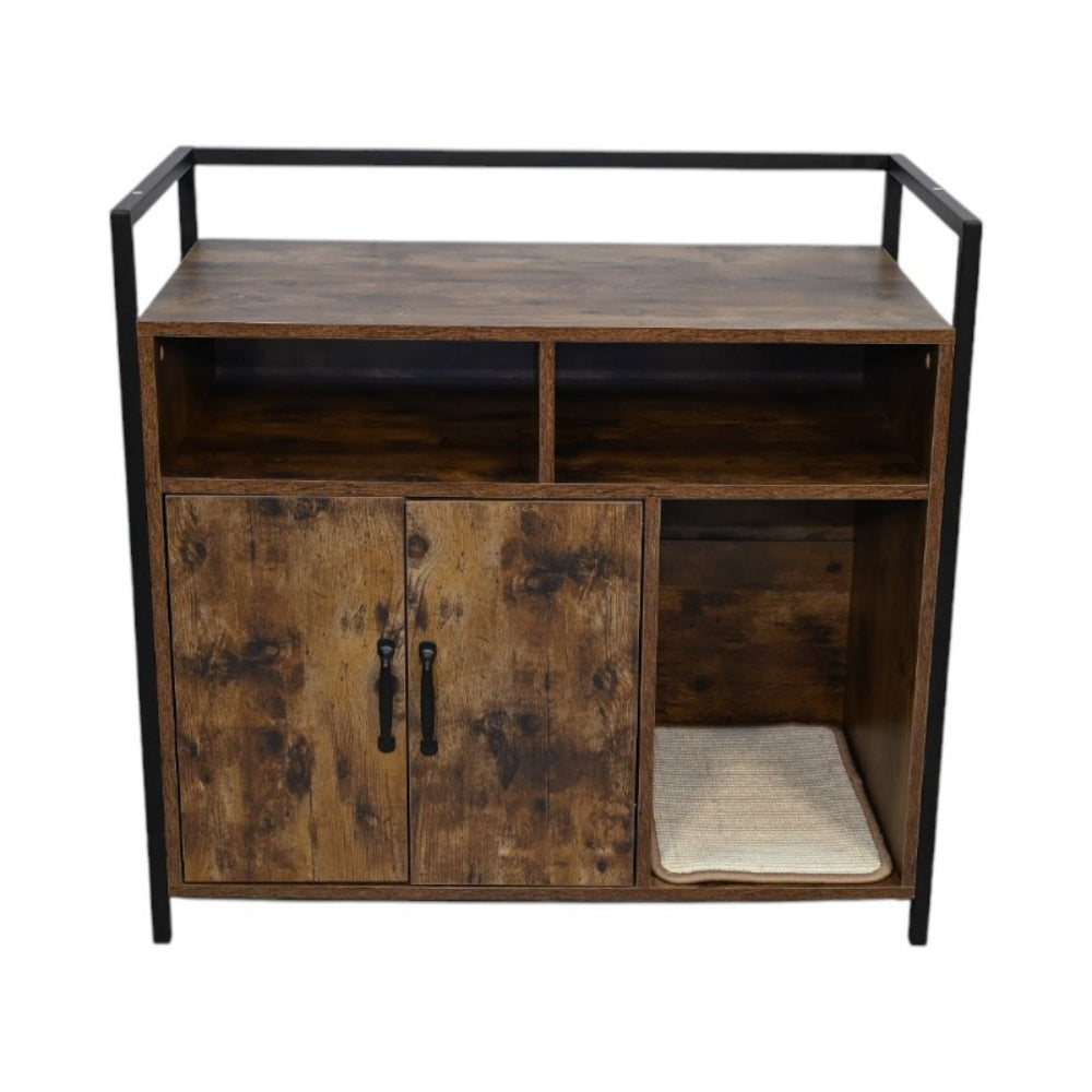 Litter Box Enclosure with Open Storage Shelves and Built-In Scratching Mat, Metal Frame, Rustic Brown