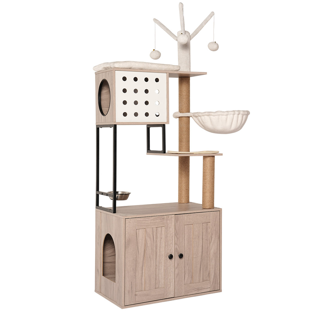 Cat Tree with Litter Box Enclosure, Multi-Level Cat Furniture with Condo, Hammock and Sisal Scratching Posts, Natural / White