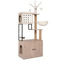 Cat Tree with Litter Box Enclosure, Multi-Level Cat Furniture with Condo, Hammock and Sisal Scratching Posts, Natural / White