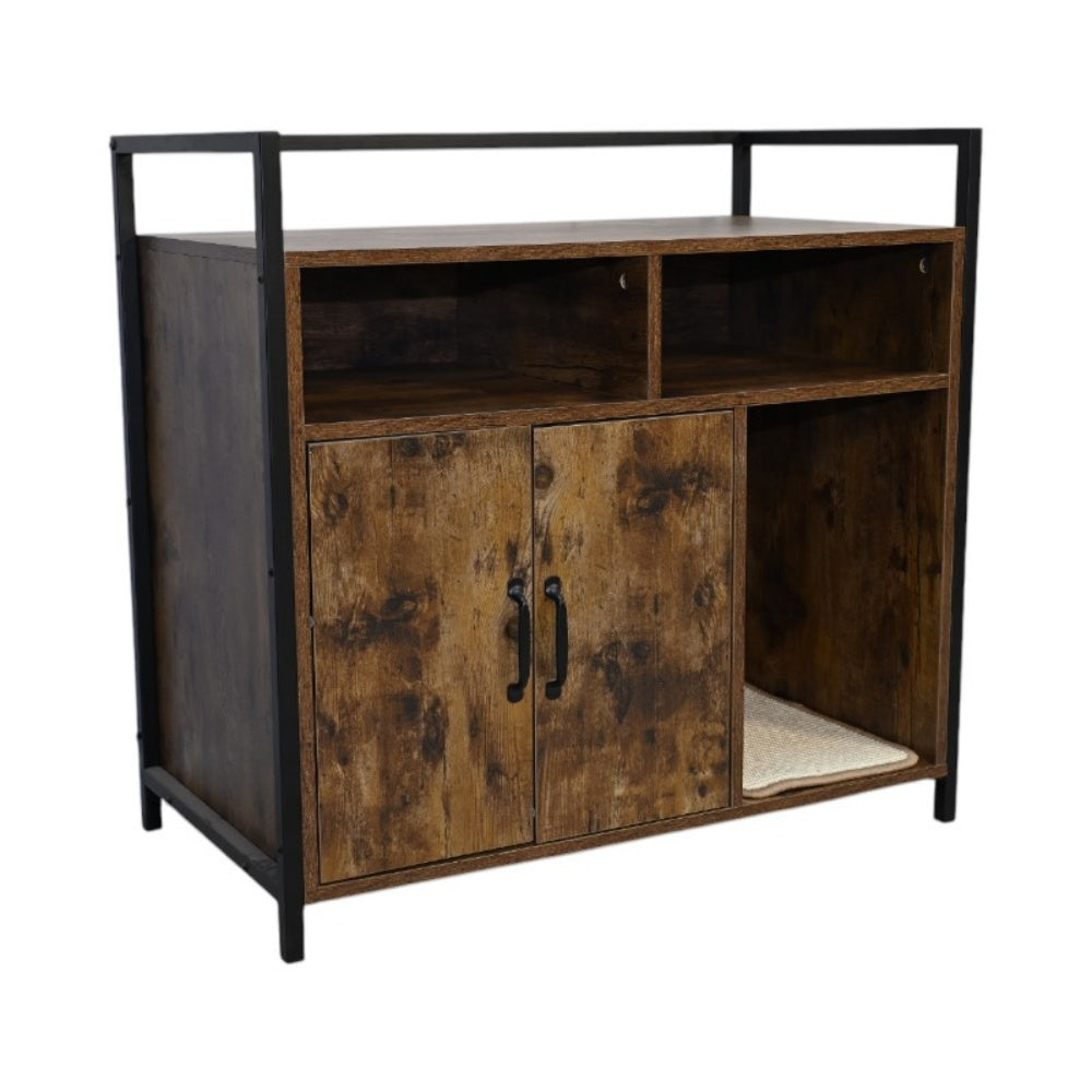 Litter Box Enclosure with Open Storage Shelves and Built-In Scratching Mat, Metal Frame, Rustic Brown