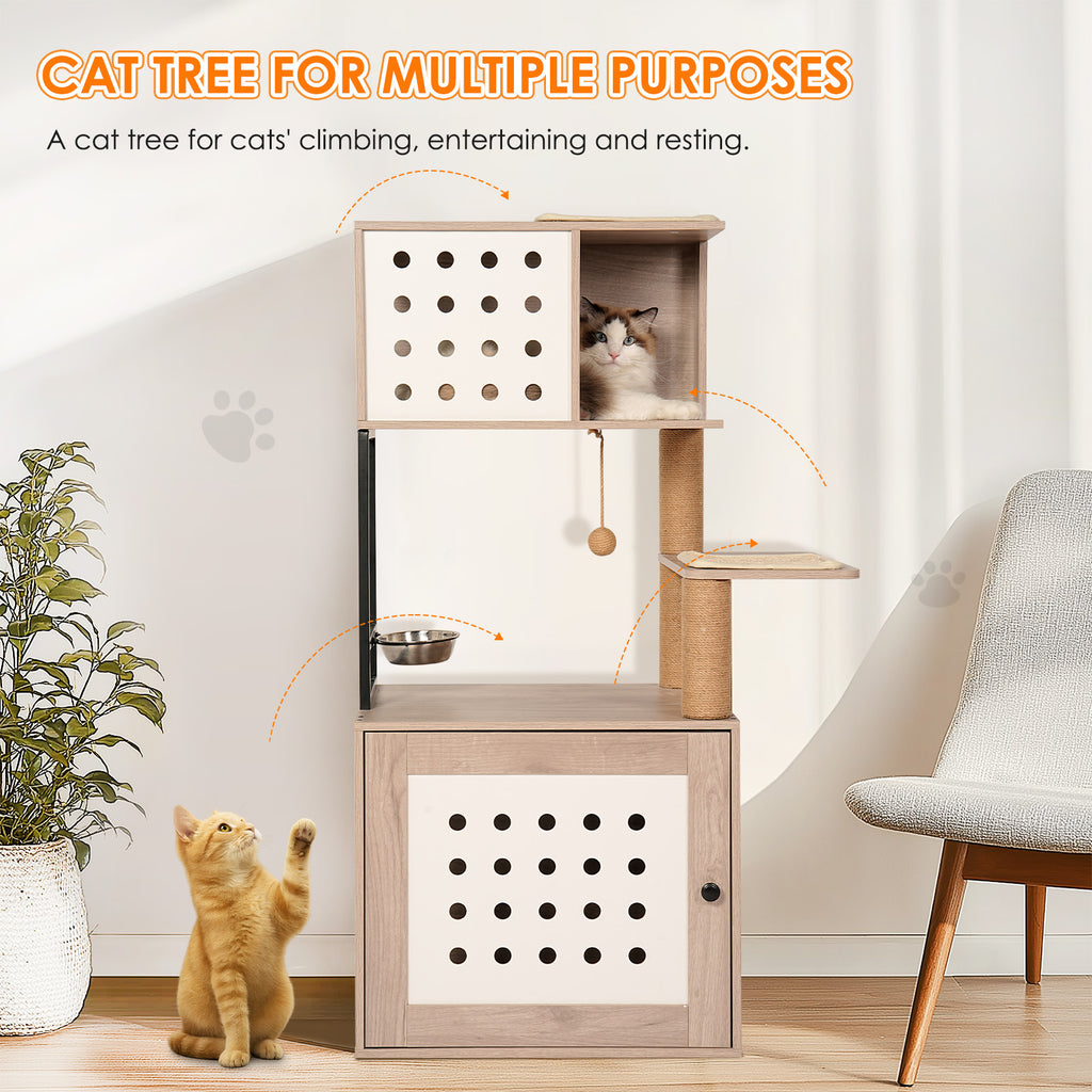 Cat Tree with Litter Box Enclosure, Multi-Level Cat Furniture with Scratching Posts, Cat Condo and Feeding Station, Natural / White
