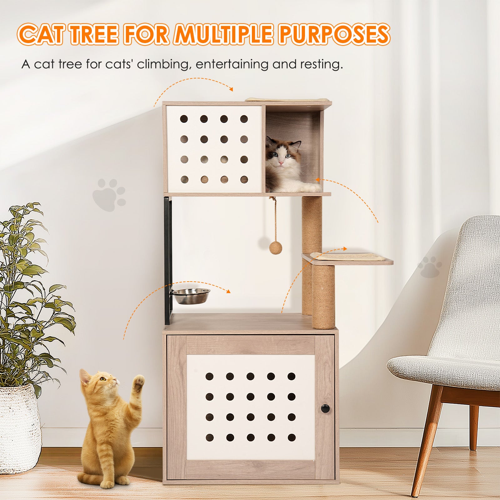 Cat Tree with Litter Box Enclosure, Multi-Level Cat Furniture with Scratching Posts, Cat Condo and Feeding Station, Natural / White