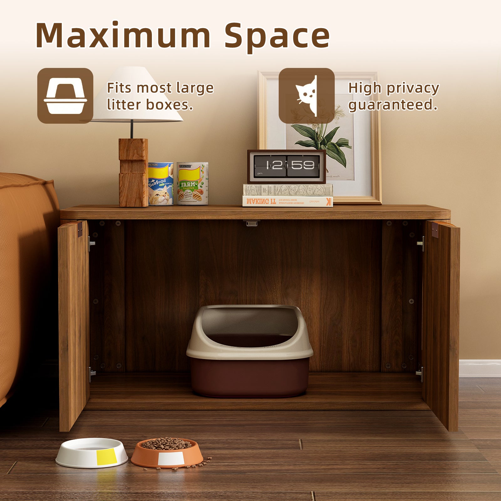Mid-Century Modern Litter Box Enclosure with Reversible Side Entrance and Grooved Double Doors, Walnut