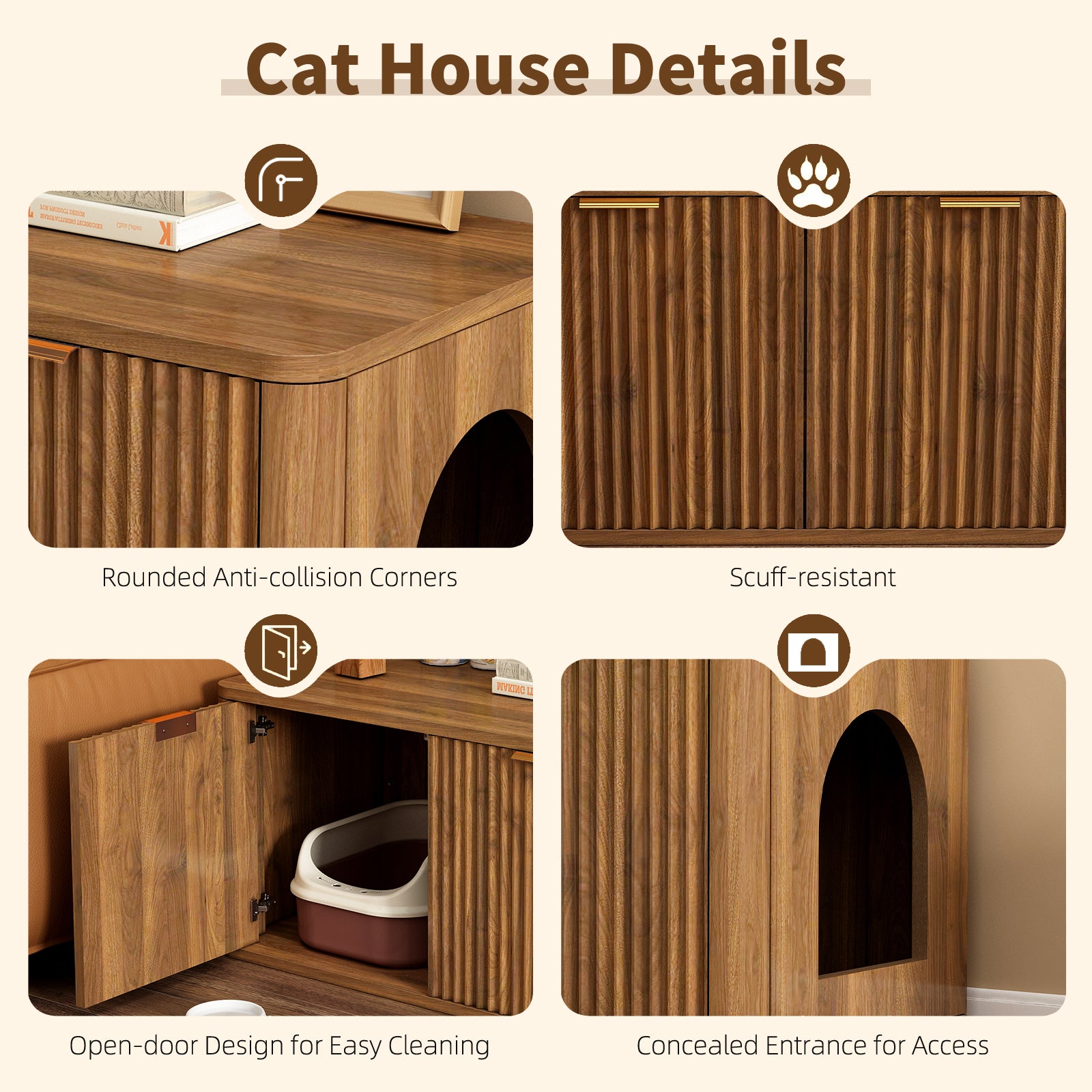 Mid-Century Modern Litter Box Enclosure with Reversible Side Entrance and Grooved Double Doors, Walnut