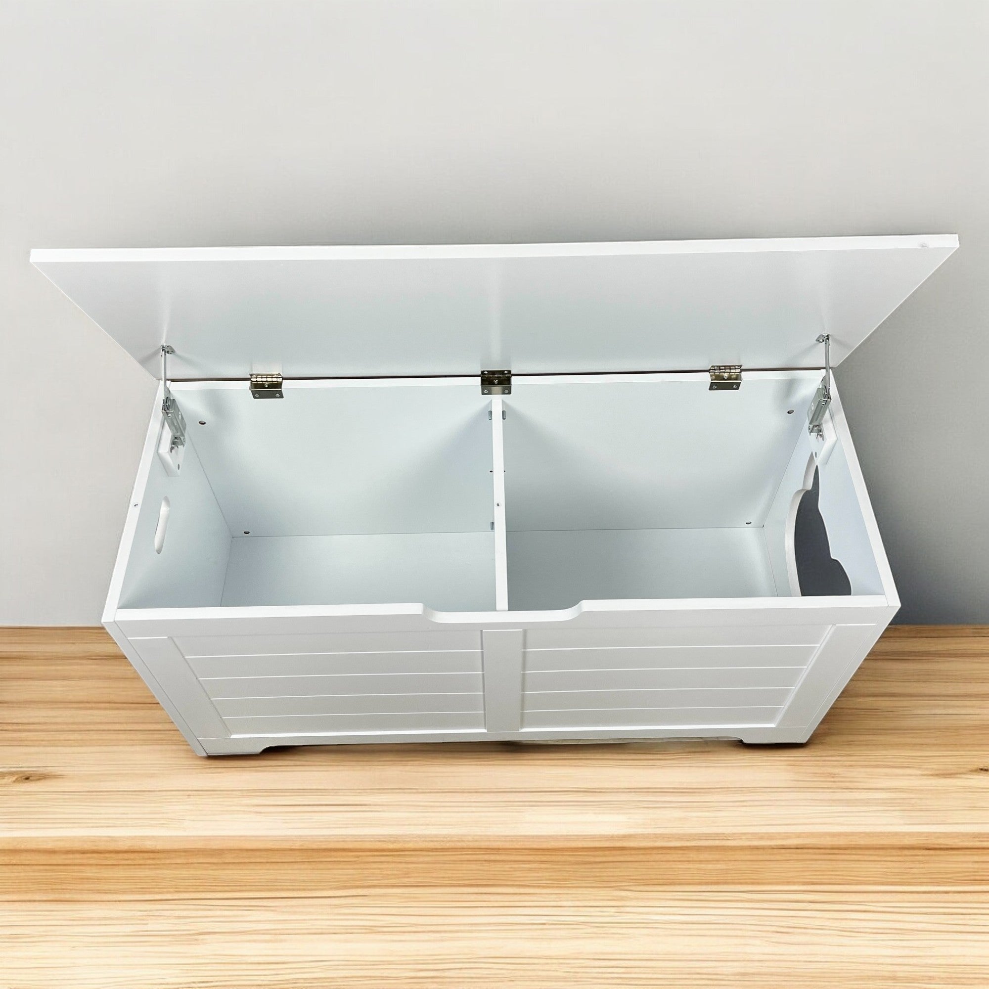 Litter Box Enclosure with Lift-Top Access and Interior Divider, Cat Washroom Furniture, Cream White