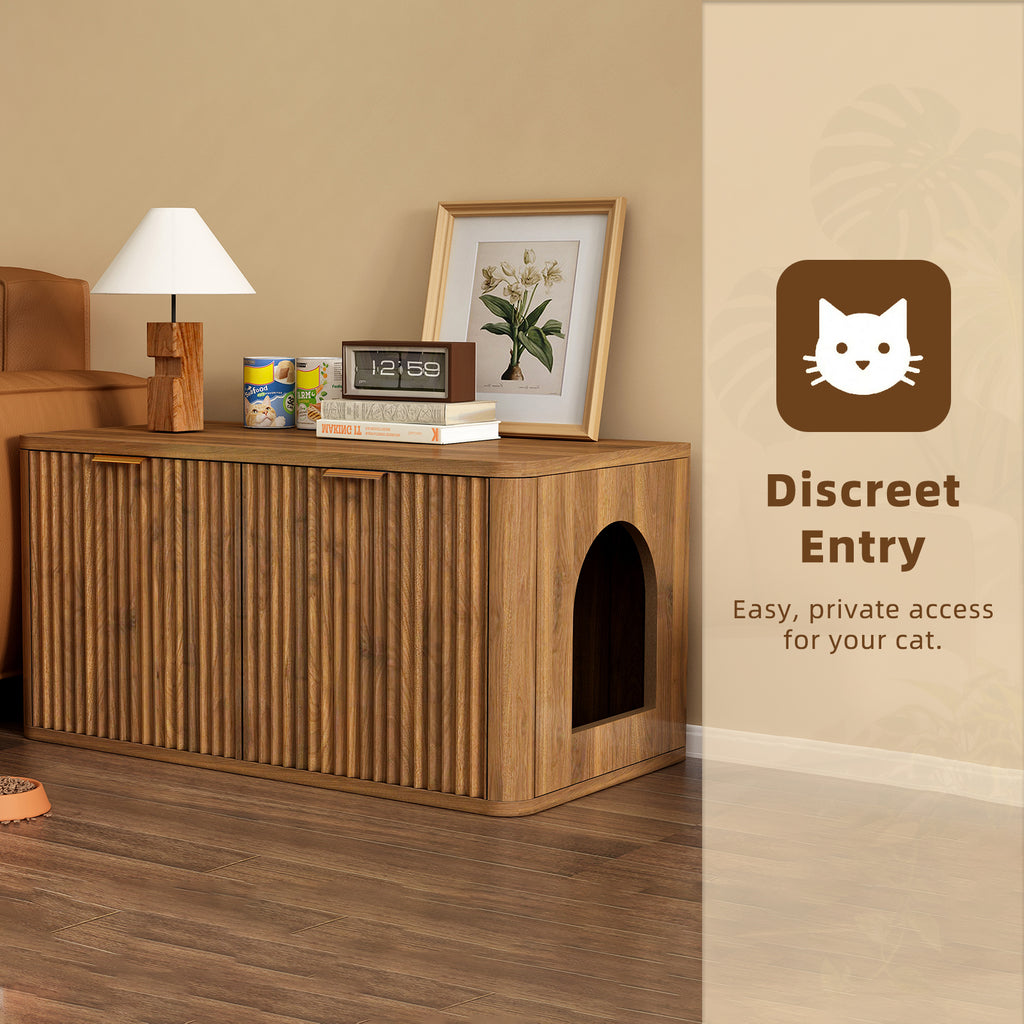 Mid-Century Modern Litter Box Enclosure with Reversible Side Entrance and Grooved Double Doors, Walnut