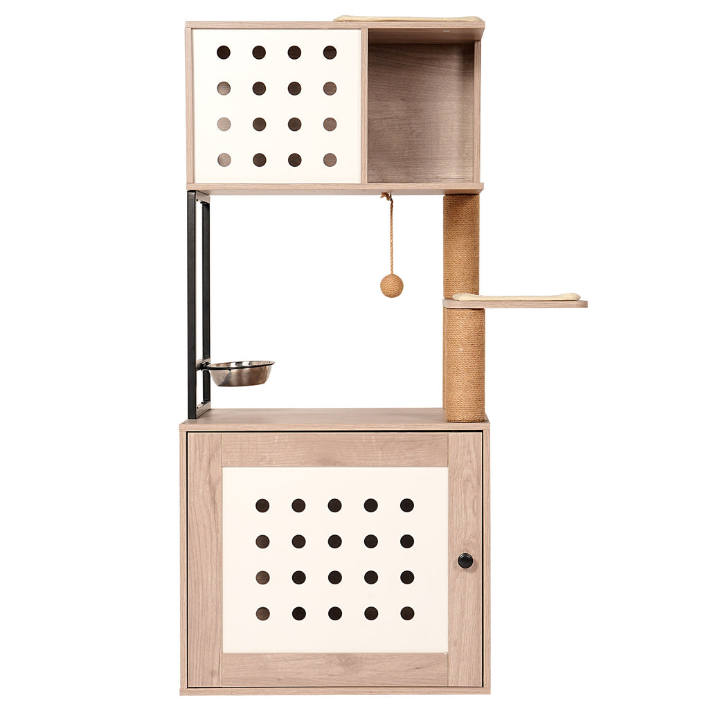 Cat Tree with Litter Box Enclosure, Multi-Level Cat Furniture with Scratching Posts, Cat Condo and Feeding Station, Natural / White
