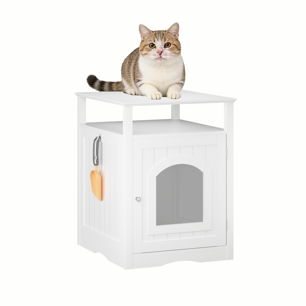 Litter Box Enclosure with Open Storage Shelf and Side Hook, Hidden Cat Litter Box Side Table, White