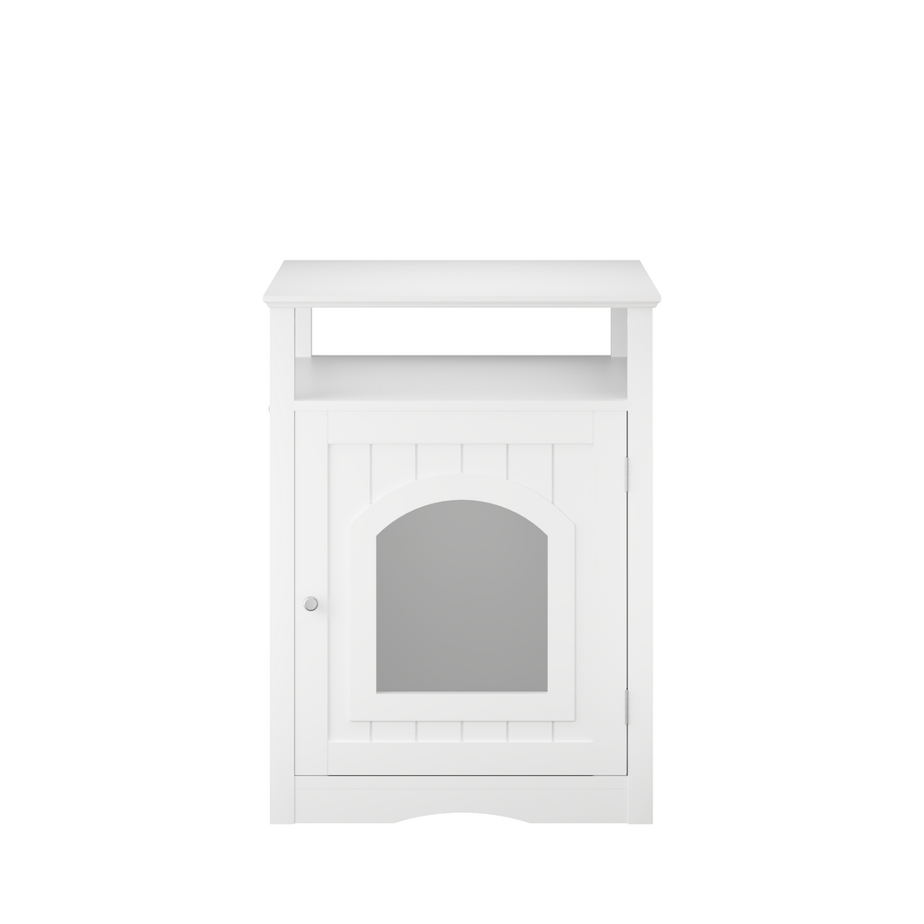 Litter Box Enclosure with Open Storage Shelf and Side Hook, Hidden Cat Litter Box Side Table, White