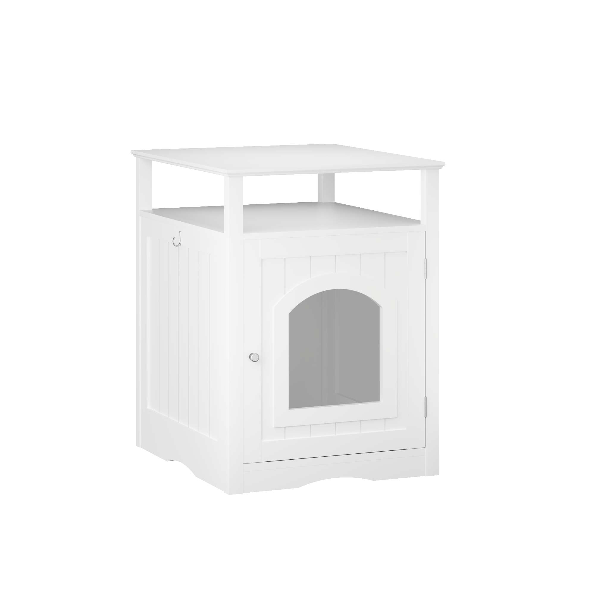 Litter Box Enclosure with Open Storage Shelf and Side Hook, Hidden Cat Litter Box Side Table, White
