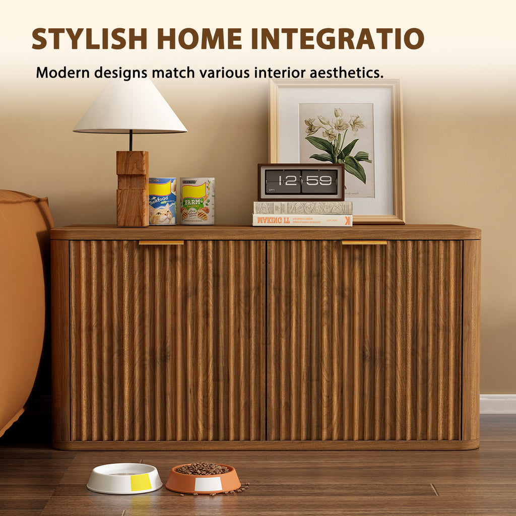 Mid-Century Modern Litter Box Enclosure with Reversible Side Entrance and Grooved Double Doors, Walnut