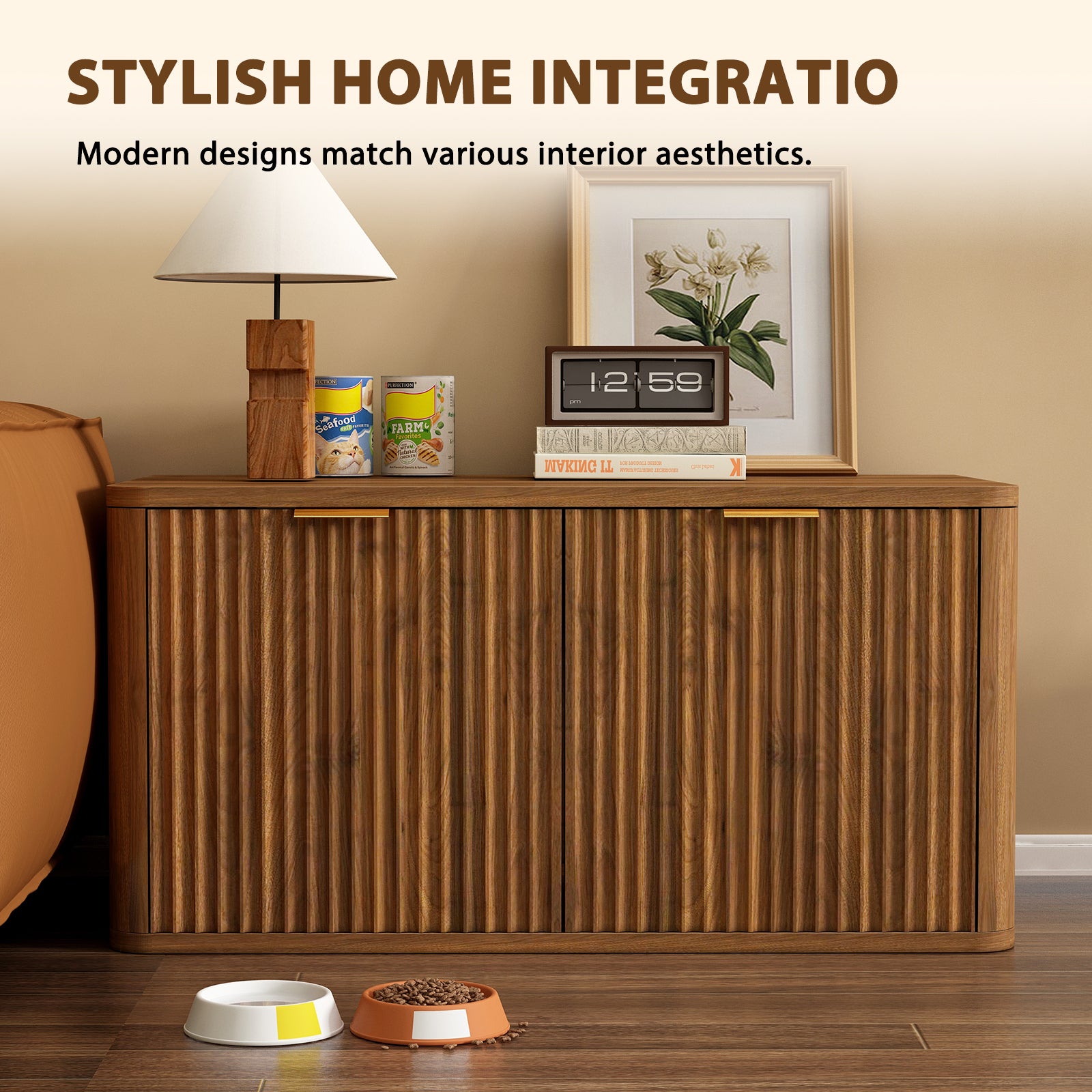 Mid-Century Modern Litter Box Enclosure with Reversible Side Entrance and Grooved Double Doors, Walnut