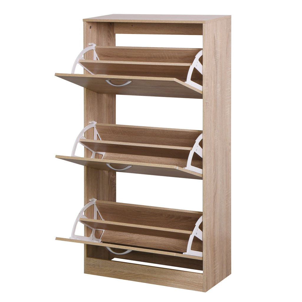 3-Drawer Flip Door Shoe Cabinet, Freestanding Entryway Shoe Storage Cabinet with Dual-Layer Compartments and Top Surface Storage, Wood