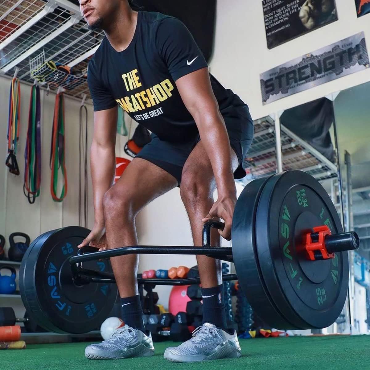 Black Hex Bar Solid Steel Sleeve 1000lbs Weight Capacity Trap Bar Deadlift Bar with Knurled Handles, for Bodybuilding Training, Squats, Deadlifts, Shrugs Power Pulls,