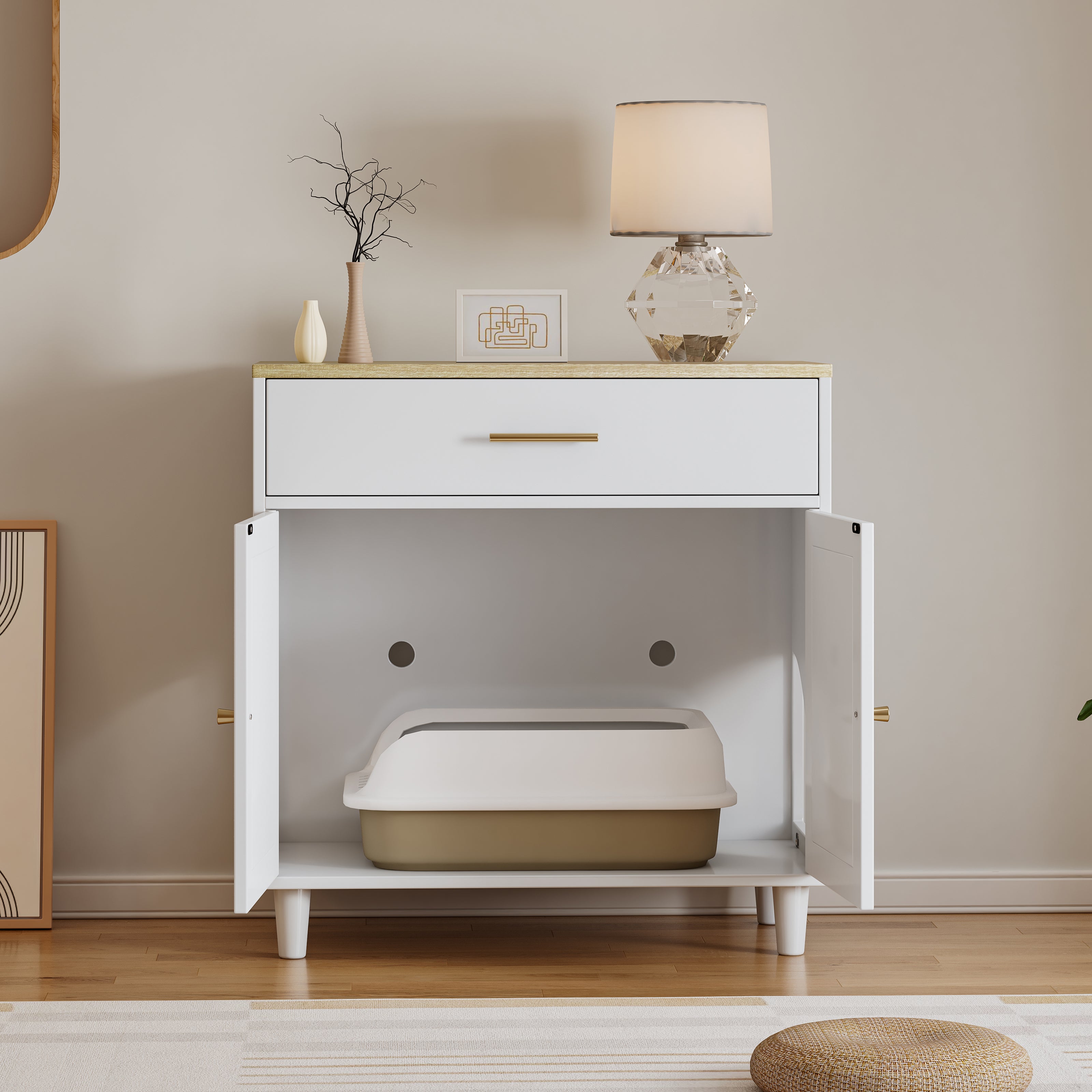 Litter Box Enclosure with Storage Drawer, Sisal Scratching Doors and Cat Entrance, White