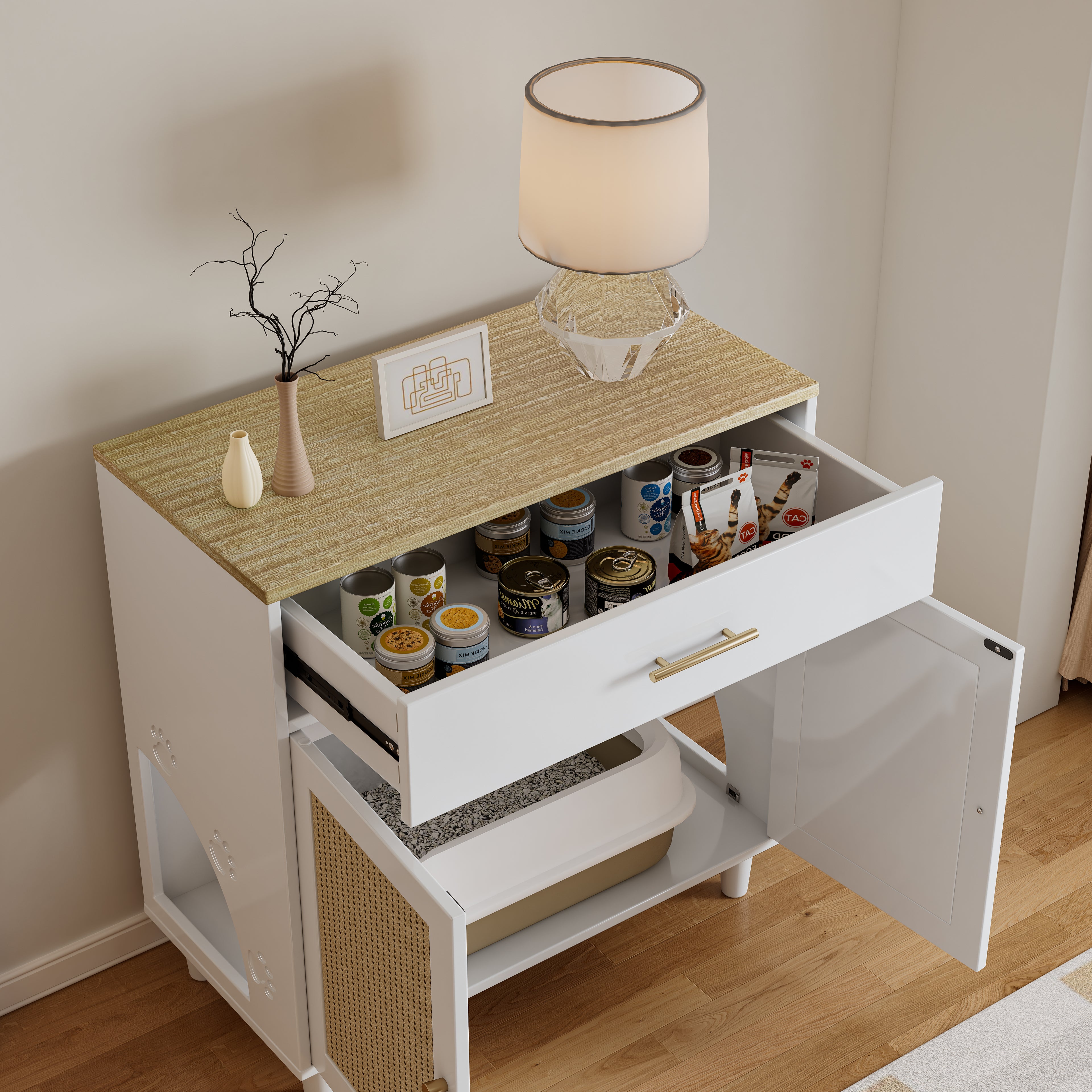 Litter Box Enclosure with Storage Drawer, Sisal Scratching Doors and Cat Entrance, White