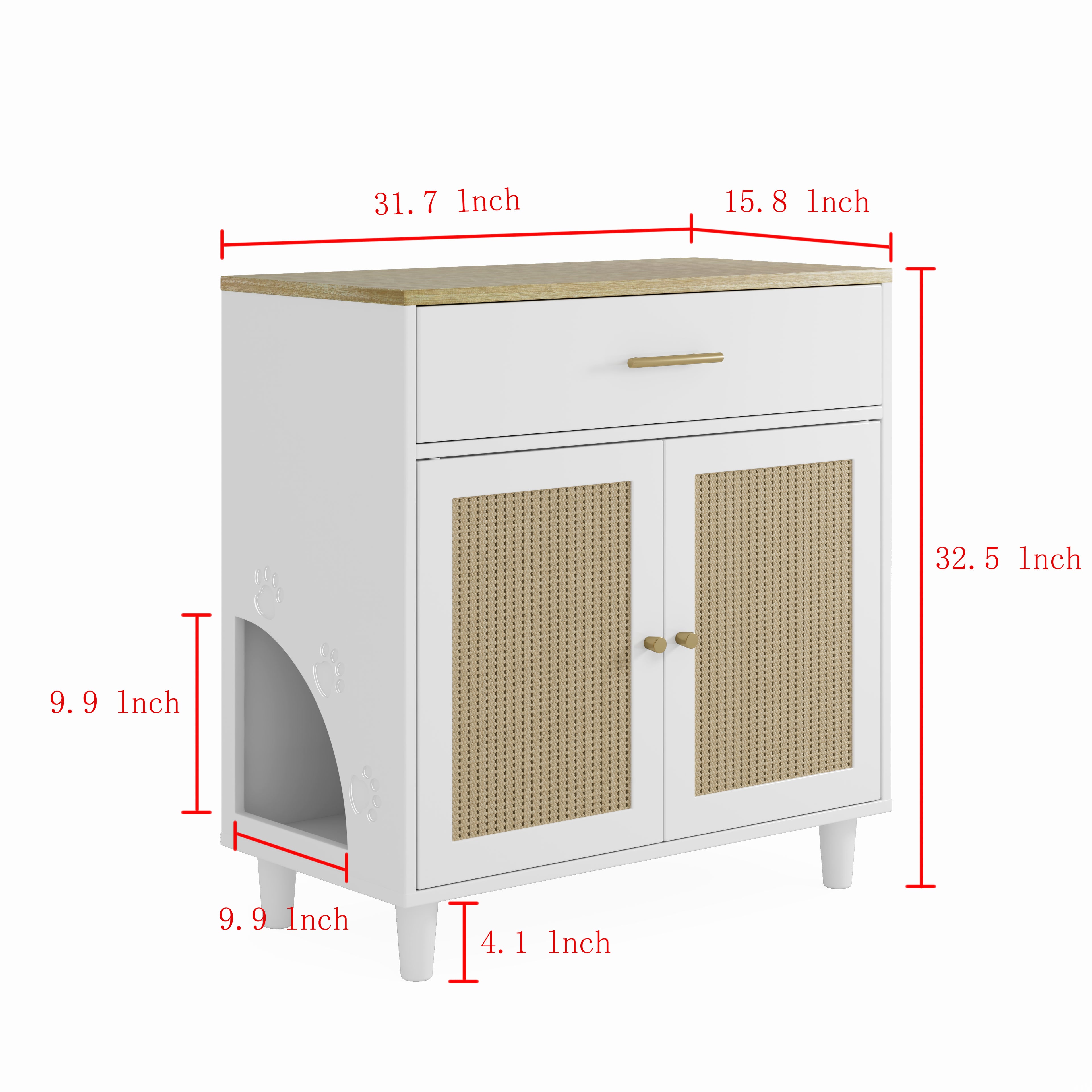 Litter Box Enclosure with Storage Drawer, Sisal Scratching Doors and Cat Entrance, White