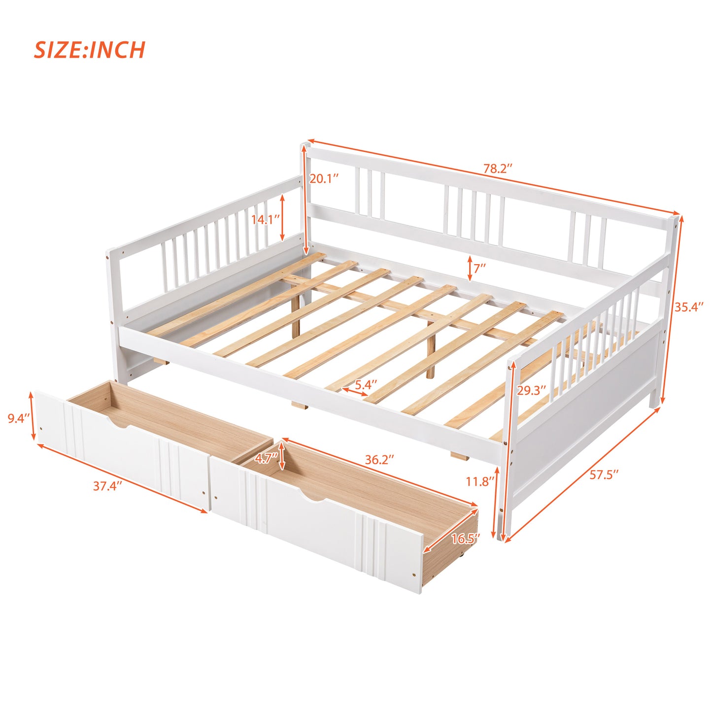 Full Size Daybed Wood Bed with Two Drawers,White