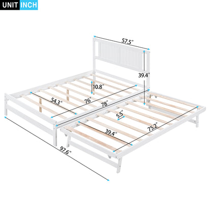 Full Size Platform Bed with Adjustable Trundle,White