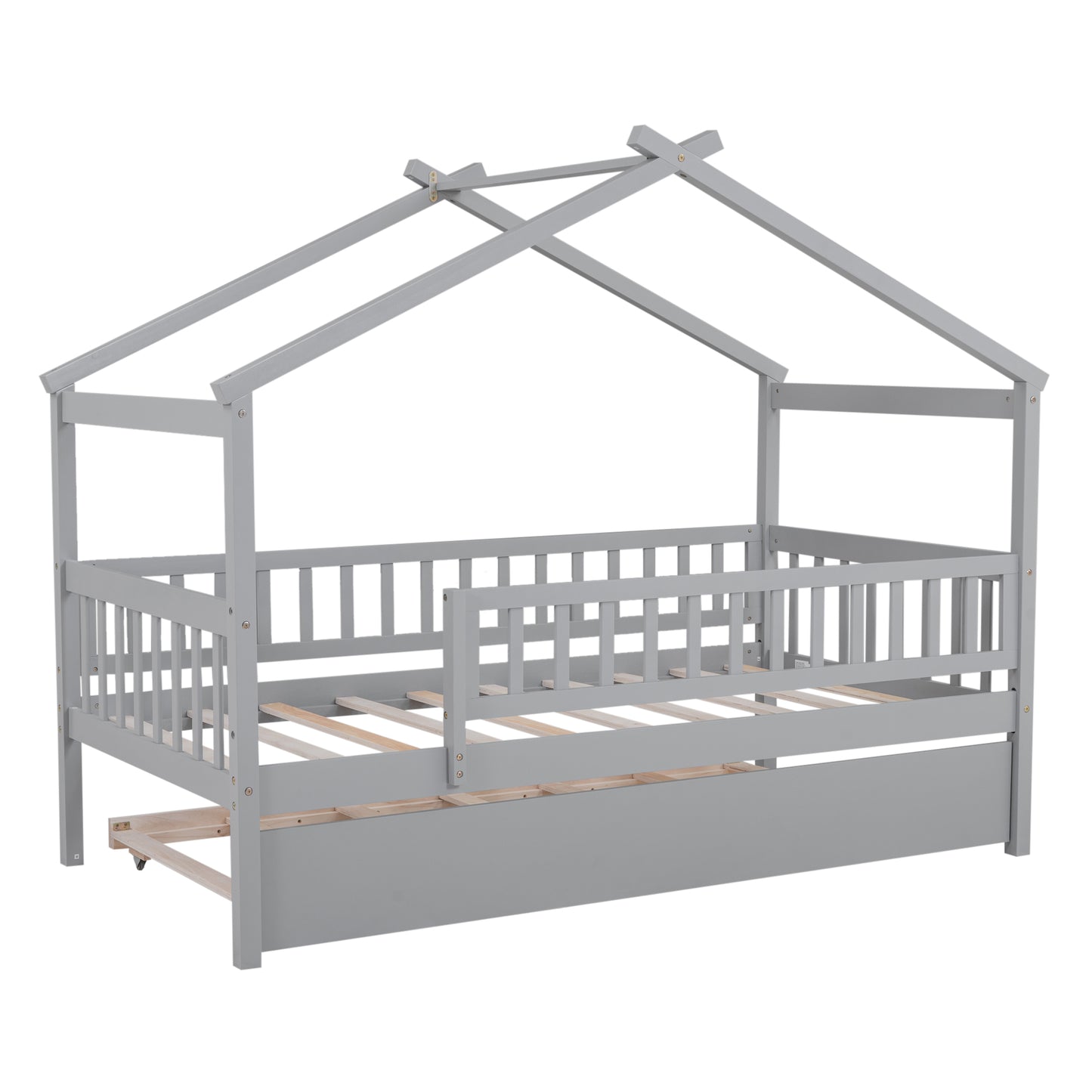 Twin Size Wooden House Bed with Twin Size Trundle, Gray
