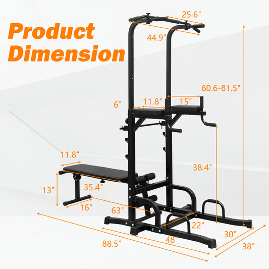 Power Tower Dip Station with Bench Pull Up Bar Stand Adjustable Height Heavy Duty Multi-Function Fitness Training Equipment for Home Office Gym-Does not support self pick up