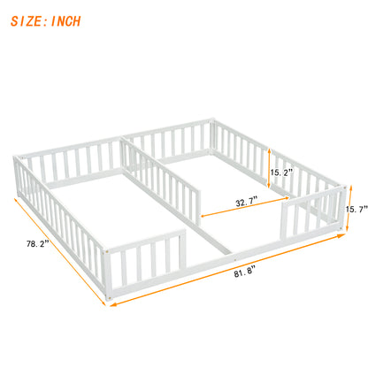 Double Twin Floor Bed with Fence, Guardrails, without door, White
