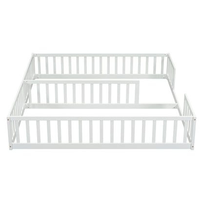 Double Twin Floor Bed with Fence, Guardrails, without door, White
