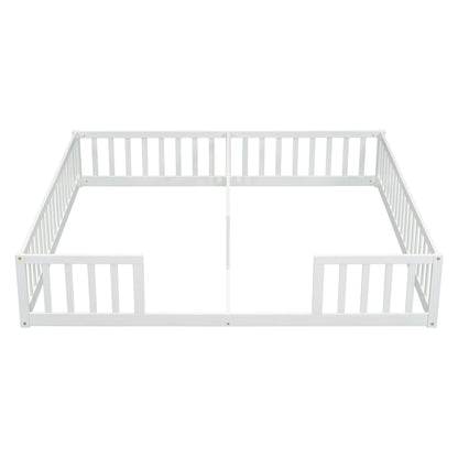 Double Twin Floor Bed with Fence, Guardrails, without door, White
