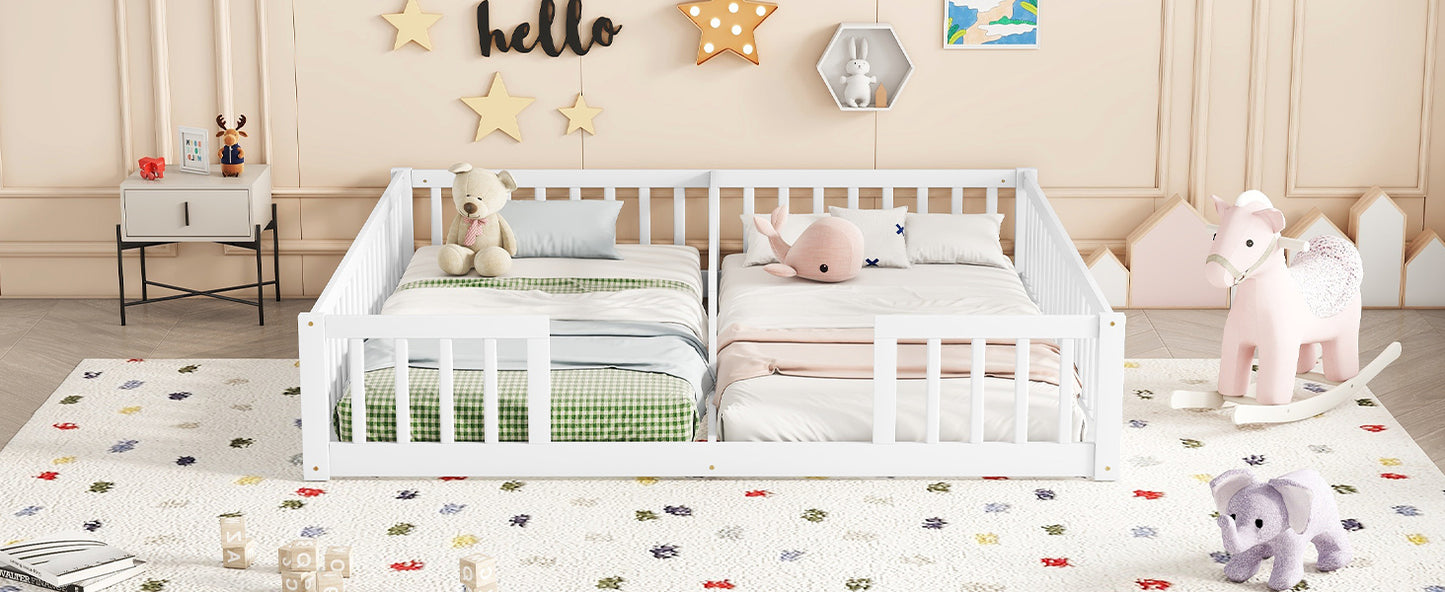 Double Twin Floor Bed with Fence, Guardrails, without door, White