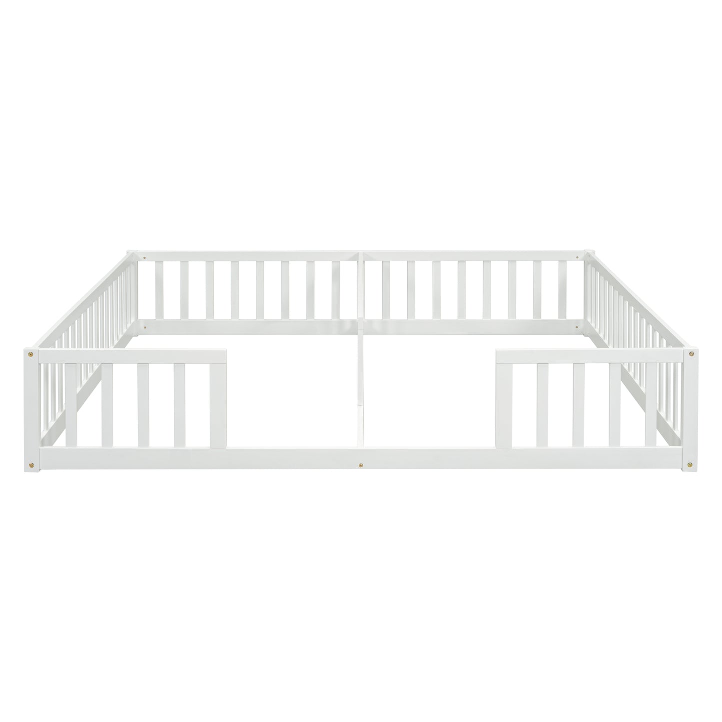 Double Twin Floor Bed with Fence, Guardrails, without door, White