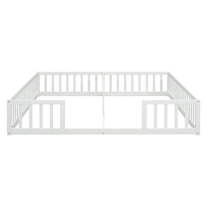 Double Twin Floor Bed with Fence, Guardrails, without door, White