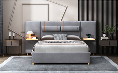 Queen Upholstered Platform Bed, Two Outlets and USB Charging Ports on Both Sides, Two Bedside Pillows, Storage Shelves, Gray