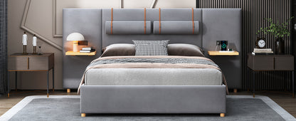 Queen Upholstered Platform Bed, Two Outlets and USB Charging Ports on Both Sides, Two Bedside Pillows, Storage Shelves, Gray